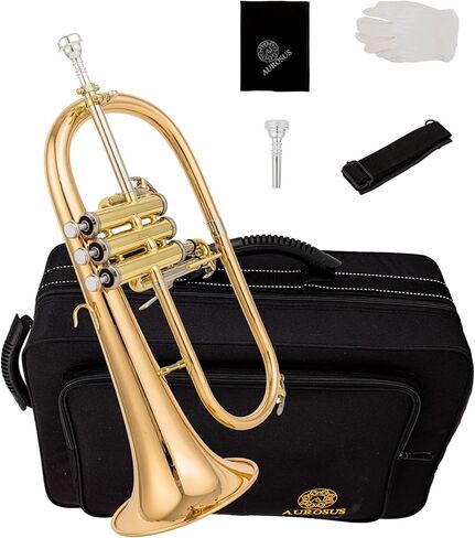 AUROSUS Flugelhorns SFH501G مع حافظة صلبة وقطعة الفم، مشغل الصمام الثالث، جرس وتركيبات من النحاس الذهبي، مع حافظة in Kuwait
