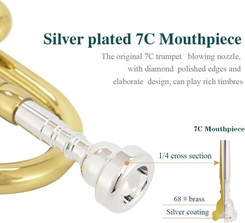 أداة بوق Bb من JUUXAAN نحاسية قياسية مع حافظة صلبة، حامل بوق خمس أرجل، قفازات، فتحة فم 7C وزيت صمام للمبتدئين (فضي) in Kuwait