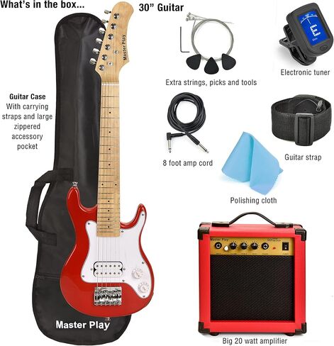 Master Play 30 Inch Electric Guitar, For Kids/beginner With Complete Starter Kit, 20 Watt Amp, 6 Extra String, Picks, Gig Bag, Shoulder Strap, Digital tuner, Cable, Wash Cloth in Saudi Arabia