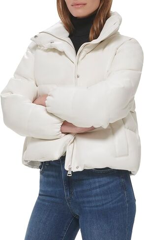 Calvin Klein Women's Short Faux-Leather Puffer Jacket in Saudi Arabia