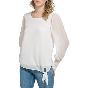 Calvin Klein Women's Elevated Matte Jersey Knot Hem Smocked Sleeve Blouse