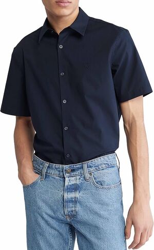 Calvin Klein Men's Stretch Cotton Monogram Logo Short Sleeve Button Down Shirt in Saudi Arabia