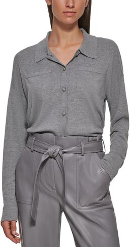 Calvin Klein Womens Collar Knit Button-Down Top Gray M in Saudi Arabia