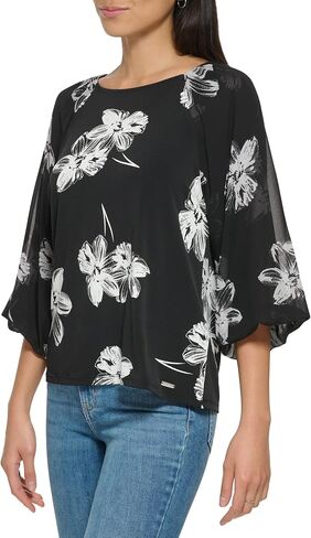 Calvin Klein Women's Printed Lantern Matte Jersey Long Sleeve Blouse in Saudi Arabia