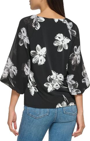 Calvin Klein Women's Printed Lantern Matte Jersey Long Sleeve Blouse in Saudi Arabia