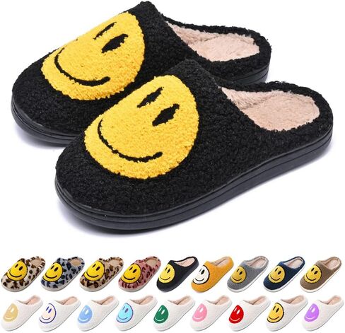 Women's Men's Preppy Happy Face Slippers Comfy Warm Plush Slip-On House Slipper for Winter Indoor Soft Cushion Non-slip Fluffy Slides Slippers in Saudi Arabia