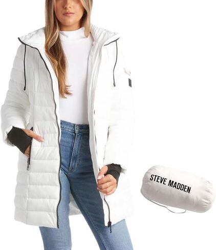 معطف شتوي نسائي من Steve Madden - معطف باركا مبطن طويل الطول قابل للتعبئة - سترة ملابس خارجية بغطاء للرأس للنساء، مقاس S-XL in Kuwait