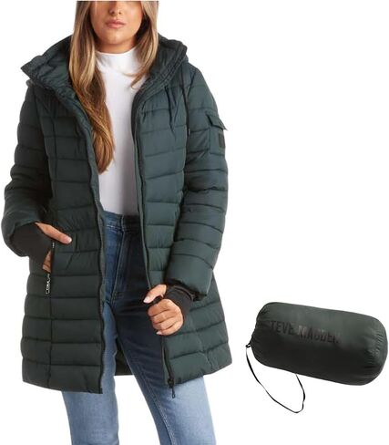 معطف شتوي نسائي من Steve Madden - معطف باركا مبطن طويل الطول قابل للتعبئة - سترة ملابس خارجية بغطاء للرأس للنساء، مقاس S-XL in Kuwait
