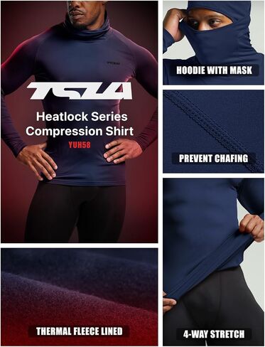 TSLA Men's Thermal Compression Shirts Hoodie with Mask, Long Sleeve Winter Sports Base Layer Top, Active Running Shirt in Saudi Arabia