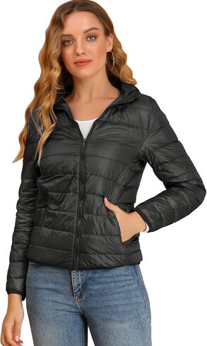 Allegra K Women's Puffer Jacket Packable Long Sleeve Zip Up Hooded Winter Lightweight Overcoat in Saudi Arabia