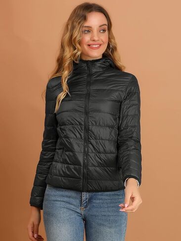 Allegra K Women's Puffer Jacket Packable Long Sleeve Zip Up Hooded Winter Lightweight Overcoat in Saudi Arabia