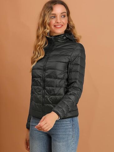 Allegra K Women's Puffer Jacket Packable Long Sleeve Zip Up Hooded Winter Lightweight Overcoat in Saudi Arabia