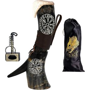 FENRIR Viking Drinking Horn - 15 Inch with Horn Stand & Brass Rim | 100% Authentic Handmade | Food Grade | Unique Genuine Ox Horn | Natural Shine Finish | Gift Bag