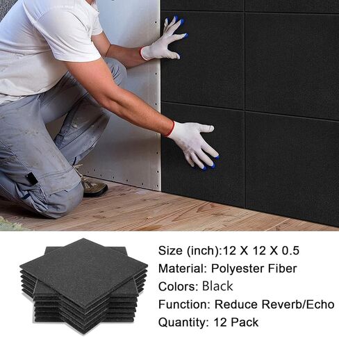 لوحات Deecam الصوتية 12 حزمة 12 بوصة × 12 بوصة × 0.4 بوصة لوحات عازلة للصوت عالية الكثافة، رغوة عازلة للضوضاء مقاومة للهب تمتص الضوضاء والأصداء في الداخل، ديكور الغرفة، أسود in Kuwait