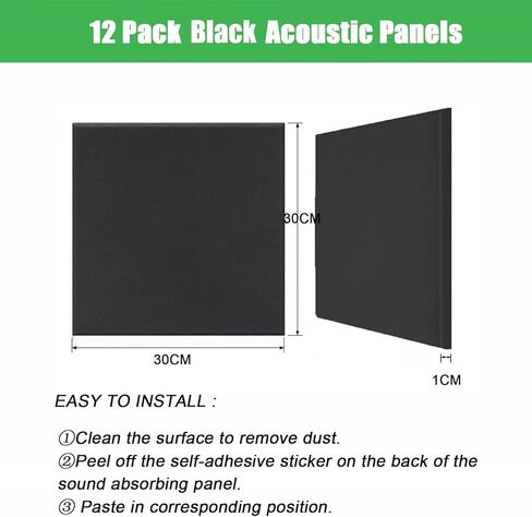 لوحات Deecam الصوتية 12 حزمة 12 بوصة × 12 بوصة × 0.4 بوصة لوحات عازلة للصوت عالية الكثافة، رغوة عازلة للضوضاء مقاومة للهب تمتص الضوضاء والأصداء في الداخل، ديكور الغرفة، أسود in Kuwait