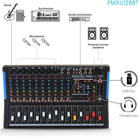Pyle 8-Channel Bluetooth Studio Audio Mixer - واجهة وحدة تحكم الصوت DJ مع محرك USB لإدخال تسجيل الكمبيوتر، مقبس ميكروفون XLR، طاقة 48 فولت، إدخال/إخراج RCA للمحترفين والمبتدئين - PMXU88BT in Kuwait