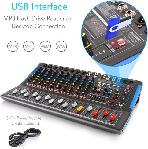 Pyle 8-Channel Bluetooth Studio Audio Mixer - واجهة وحدة تحكم الصوت DJ مع محرك USB لإدخال تسجيل الكمبيوتر، مقبس ميكروفون XLR، طاقة 48 فولت، إدخال/إخراج RCA للمحترفين والمبتدئين - PMXU88BT in Kuwait