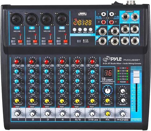 Pyle 8-Channel Bluetooth Studio Audio Mixer - واجهة وحدة تحكم الصوت DJ مع محرك USB لإدخال تسجيل الكمبيوتر، مقبس ميكروفون XLR، طاقة 48 فولت، إدخال/إخراج RCA للمحترفين والمبتدئين - PMXU88BT in Kuwait