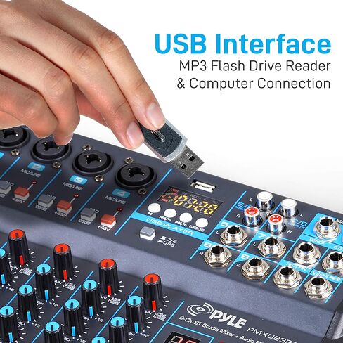 Pyle 8-Channel Bluetooth Studio Audio Mixer - واجهة وحدة تحكم الصوت DJ مع محرك USB لإدخال تسجيل الكمبيوتر، مقبس ميكروفون XLR، طاقة 48 فولت، إدخال/إخراج RCA للمحترفين والمبتدئين - PMXU88BT in Kuwait