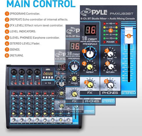 Pyle 8-Channel Bluetooth Studio Audio Mixer - واجهة وحدة تحكم الصوت DJ مع محرك USB لإدخال تسجيل الكمبيوتر، مقبس ميكروفون XLR، طاقة 48 فولت، إدخال/إخراج RCA للمحترفين والمبتدئين - PMXU88BT in Kuwait