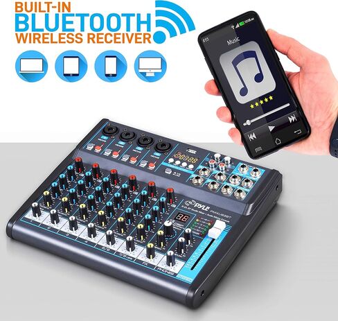 Pyle 8-Channel Bluetooth Studio Audio Mixer - واجهة وحدة تحكم الصوت DJ مع محرك USB لإدخال تسجيل الكمبيوتر، مقبس ميكروفون XLR، طاقة 48 فولت، إدخال/إخراج RCA للمحترفين والمبتدئين - PMXU88BT in Kuwait