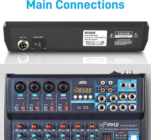 Pyle 8-Channel Bluetooth Studio Audio Mixer - واجهة وحدة تحكم الصوت DJ مع محرك USB لإدخال تسجيل الكمبيوتر، مقبس ميكروفون XLR، طاقة 48 فولت، إدخال/إخراج RCA للمحترفين والمبتدئين - PMXU88BT in Kuwait