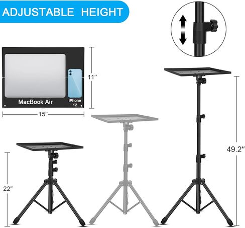 حامل جهاز عرض Borrow Sky، حامل كمبيوتر محمول محمول قابل للتعديل بارتفاع من 22 بوصة إلى 49.2 بوصة، صينية 15 بوصة × 11.2 بوصة، إمالة 180 درجة، حامل ثلاثي القوائم لجهاز العرض للمكتب والمنزل والمسرح ورف DJ وحقيبة حمل in Kuwait