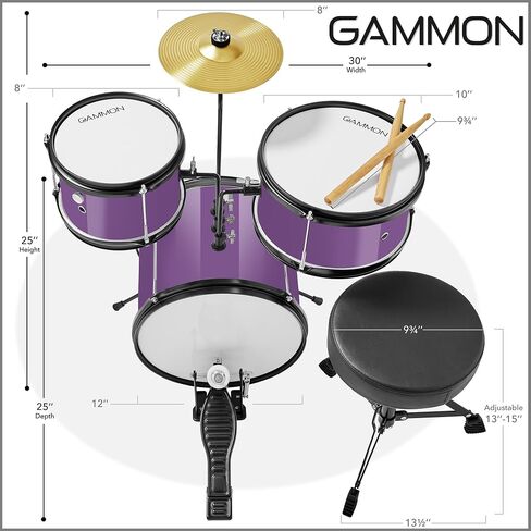 Gammon 3-Piece Kids Drum Set with Throne - Black, Junior Beginner Kit with Bass Drum, Toms, Cymbal, Pedal, and Drumsticks in Saudi Arabia