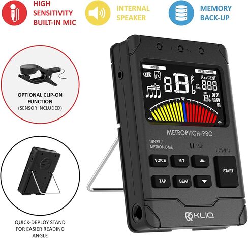 KLIQ MetroPitch - موالف Metronome لجميع الأدوات - مع الجيتار، والجير، والكمان، والقيثارة، وأوضاع الضبط اللوني (MetroPitch، أسود) in Saudi Arabia
