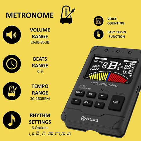 KLIQ MetroPitch - موالف Metronome لجميع الأدوات - مع الجيتار، والجير، والكمان، والقيثارة، وأوضاع الضبط اللوني (MetroPitch، أسود) in Saudi Arabia