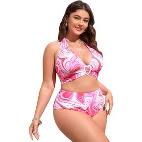 SOLY HUX Women's Plus Size Allover Print Halter High Waisted Bikini Set Bathing Suits 2 Piece Swimsuits