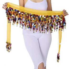 ZLTdream Belly Dance Color Sequin Film Gong Hip Scarf Skirt with Gold Coins for Women Belly Dancer Costume Chiffon