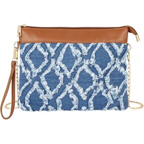 Hyuyikuwol Women Denim Wristlet Clutch Purses Wallet Envelope Handbag PU Leather Quilted Distressed Zipper Satchel