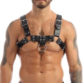 Men's Leather Shiny Body Chest Harness Belt Buckle Adjustable Clubwear Party Costume (Black) in Kuwait