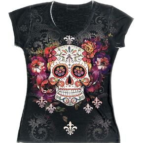 Made in USA - Sugar Skull Shirts for Women - V Neck T Shirt Tee - Beautiful Quality Print Decorated with Rhinestones in Saudi Arabia
