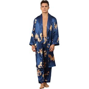 Haseil Men's Satin Robe with Pants Lightweight Printed Luxurious Spa Dragon Silk Bathrobe Kimono Set