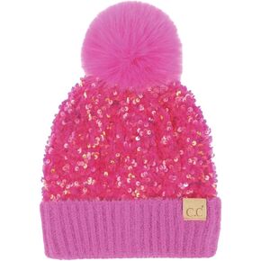 C.C Kids Sequin Fur Pom Beanie for Boys Girls - Comfortable Soft Warm Children Youth Knit Skully Hat with Faux Fur Pom