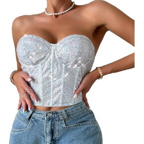 HUYADAPI Womens Sparkling Sequin Bustier Strapless Open Back Boned Corset Going Out Party Crop Top