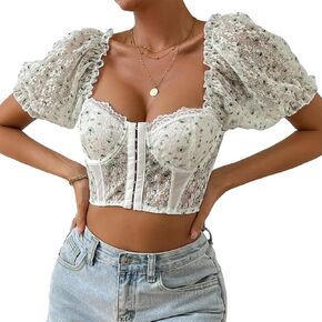 Women's Floral Embroidered Puff Sleeve Tops Slim Fit Corset Crop Top Sexy Bustier Tank Top T-Shirts