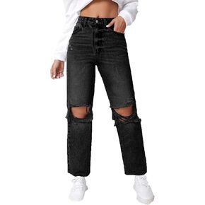 SweatyRocks Women's High Waist Ripped Distressed Cropped Jeans Straight Leg Denim Pants