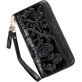 PIJUSHI Genuine Leather Wallets for Women Designer Floral Wristlet Wallet Ladies Clutch Purse with Tassel (20098 Green)