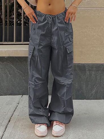 Xineicy Parachute Pants for Women Drawstring Baggy Cargo Pants Y2K Trouser Low Rised Jogger Sweatpants Loose Hip Hop in Kuwait