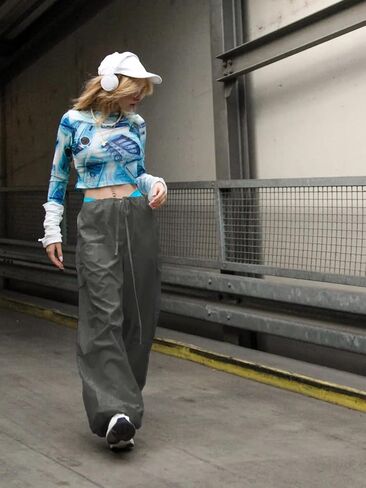 Xineicy Parachute Pants for Women Drawstring Baggy Cargo Pants Y2K Trouser Low Rised Jogger Sweatpants Loose Hip Hop in Kuwait