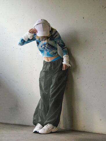 Xineicy Parachute Pants for Women Drawstring Baggy Cargo Pants Y2K Trouser Low Rised Jogger Sweatpants Loose Hip Hop in Kuwait