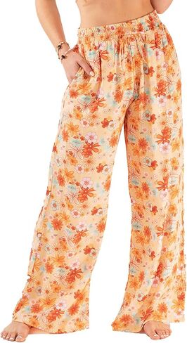 سروال نسائي واسع الساق برباط من Lotus and Luna سروال تايلاندي للشاطئ والصالة سروال بوهو عالي الخصر مع جيوب in Kuwait