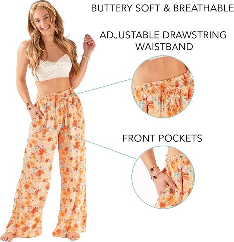 سروال نسائي واسع الساق برباط من Lotus and Luna سروال تايلاندي للشاطئ والصالة سروال بوهو عالي الخصر مع جيوب in Kuwait