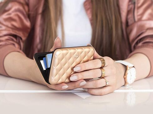 ÖGON -DESIGNS- محفظة نسائية من الألومنيوم - محفظة معدنية مبطنة - حامل بطاقات RFID - قفل معدني قوي - ذهبي وردي in Kuwait