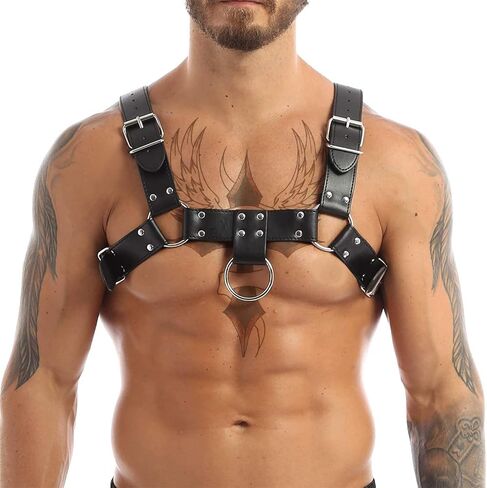 Men's Leather Shiny Body Chest Harness Belt Buckle Adjustable Clubwear Party Costume (Black) in Kuwait
