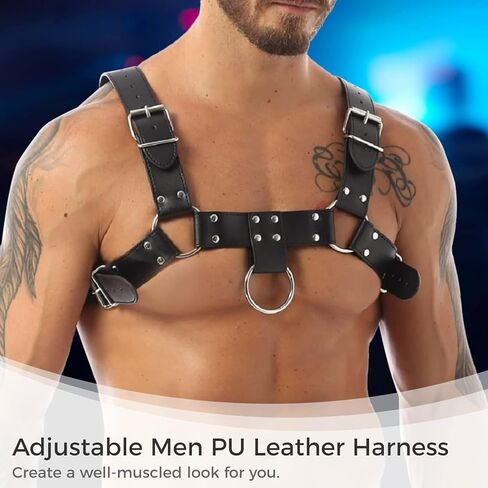 Men's Leather Shiny Body Chest Harness Belt Buckle Adjustable Clubwear Party Costume (Black) in Kuwait