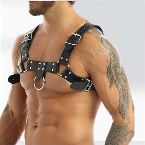 Men's Leather Shiny Body Chest Harness Belt Buckle Adjustable Clubwear Party Costume (Black) in Kuwait